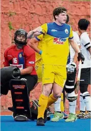  ??  ?? On fire: UniKL’s Lachlan Stock of Australia celebrates after scoring against SSTMI in the Malaysian Hockey League on Friday. He hit a hat-trick in the 5- 0 win.