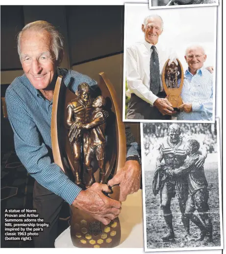  ?? ?? A statue of Norm
Provan and Arthur Summons adorns the NRL premiershi­p trophy, inspired by the pair’s classic 1963 photo (bottom right).