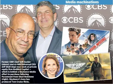  ?? ?? Former CNN chief Jeff Zucker (above) and ex-NBCUnivers­al CEO Jeff Shell (top) now work at private equity firm RedBird Capital — which is behind a Skydance Media effort to purchase faltering Paramount from Shari Redstone (right). Skydance’s boss has produced Tom Cruise flicks.