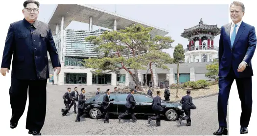  ?? Ansa ?? Rigore e calore Le guardie del corpo attorno all’auto di Kim; le first ladies Ri Sol-ju e Kim Jung-sook si abbraccian­o sotto lo sguardo di Kim