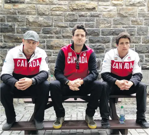  ??  ?? A hat-trick of Canadian Olympians — from left, bobsledder Jesse Lumsden, luger Sam Edney and ice- dance star Scott Moir — posed for this photo in June 2014 on Parliament Hill, where they chatted about a comeback for the 2018 Winter Games in...