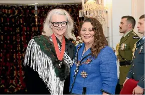  ?? ?? Dame Miranda Harcourt with Governor-General Cindy Kiro at the investitur­e ceremony at Government House yesterday.