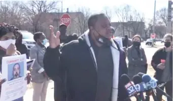  ??  ?? Ald. Roderick Sawyer speaks outside the Englewood home of convicted sex offender Cayce Williams Monday.