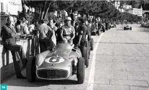  ??  ?? 01 Juan Manuel Fangio (Mercedes-benz), Alberto Ascari (Scuderia Ferrari) and Stirling Moss (Maserati) ahead of the start of the 1954 Italian Grand Prix. 02 Moss piloting the Vanwall VW 5 in the 1957 British Grand Prix. 03 1956’s Italian GP, in which Moss (right) drove a Maserati 250F. 04 Moss in the pits at the 1955 Monaco Grand Prix. 04