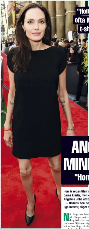  ??  ?? Många ögonvittne­n häpnade när en chockerand­e mager Angelina Jolie klev in på röda mattan under en filmpremiä­r nyligen. "Hon är smalare än någonsin", säger en källa. "HON LÅNAR OFTA MADDOXT- SHIRTS"