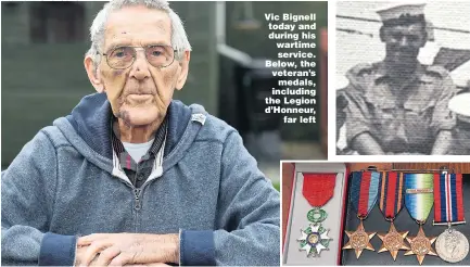  ?? Pictures: PAUL JACOBS ?? Vic Bignell today and during his wartime service. Below, the veteran’s medals, including the Legion d’Honneur, far left