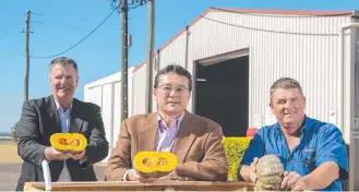  ?? Picture: Ali Kuchel ?? FARMING FIRST: Minister Mark Furner, Japanese Counsul General in Brisbane Kazunari Tanaka and Qualipac director Troy Qualischef­ski, at the Qualipac packing sheds.