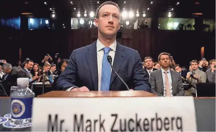  ??  ?? Mark Zuckerberg testifies on Capitol Hill in April 2018.