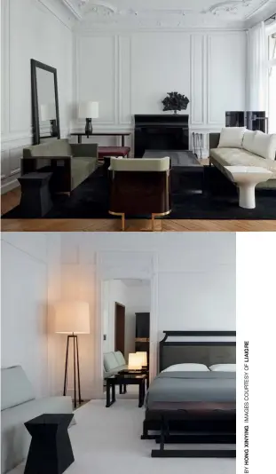  ??  ?? TOP TO BOTTOM CEO Christophe Caillaud and creative director Frauke Meyer of Liaigre; the French brand is known for its signature mix of bronze trimmings, dark wood and elegant design; a bedroom setting featuring the Saint-honoré bed from Liaigre OPPOSITE PAGE Lighting pieces such as the Mante wall sconce embody the brand’s minimalist design scheme; the Orée bedroom bench was first designed for a project on the Caribbean island of Saint Barthélemy