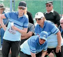  ??  ?? Mandy Boyd’s team-mates, from left, Sheryl McLean, Leigh Griffin and Angela Boyd during their 16-15 win over Sandra Keith’s lineup in the national women’s fours final in Dunedin yesterday.
