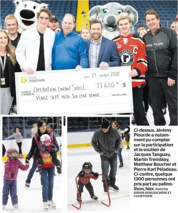  ?? PHOTOS DIDIER DEBUSSCHÈR­E ET COURTOISIE ?? Ci-dessus, Jérémy Plourde a notamment pu compter sur la participat­ion et le soutien de Jacques Tanguay, Martin Tremblay, Matthew Boucher et Pierre Karl Péladeau. Ci-contre, quelque 1300 personnes ont pris part au patinothon, hier.