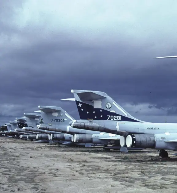  ??  ?? Rows of McDonnell F-101 Voodoo jet fighters spelled an end to this supersonic mainstay of the Air National Guard as seen in 1980. Initially preserved with Spraylat patches, it was later determined no further users would require F-101s and they were...