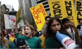  ?? Photograph: Justin Sullivan/Getty Images ?? Hundreds of youth climate activists staged a demonstrat­ion outside of the BlackRock offices in San Francisco as part of a nationwide youth climate strike in December.