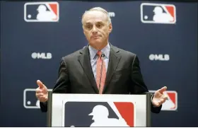  ?? LM OTERO - THE ASSOCIATED PRESS FILE ?? In this Nov. 21, 2019, photo, baseball commission­er Rob Manfred speaks to the media at the owners meeting in Arlington, Texas. Manfred has gained few fans during baseball’s disastrous negotiatio­ns attempting to establish a 2020season.