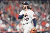  ?? David J. Phillip / Associated Press ?? Astros starting pitcher Lance McCullers Jr. reacts after getting the White Sox’s Adam Engel to ground out to end the top of the fifth inning on Thursday in Houston.