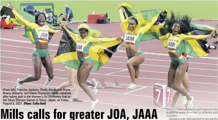  ?? (Photo: Collin Reid) ?? (From left) Shericka Jackson, Shelly-ann Fraser-pryce, Briana Williams, and Elaine Thompson-herah celebrate after taking gold in the Women’s 4x100m relay final at the Tokyo Olympic Games in Tokyo, Japan, on Friday, August 6, 2021.