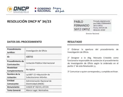  ?? ?? Documento de DNCP, en el que ordena investigar de oficio licitación adjudicada a Barrail Hnos S.A. de Construcci­ones.