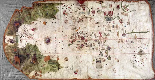  ??  ?? EL MAPA DE JUAN DE LA COSA. El primer mapamundi que contiene la representa­ción del continente americano fue realizado (a color sobre pergamino) por este marino cántabro en 1500. Se conserva en el Museo Naval de Madrid.