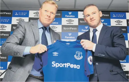  ??  ?? Everton boss Ronaldo Koeman (left) welcomes ex-Manchester United star Wayne Rooney back to Goodison Park at his unveiling yesterday.