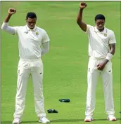  ??  ?? RAISED FISTS: Members of the South African team before the start of yesterday’s game