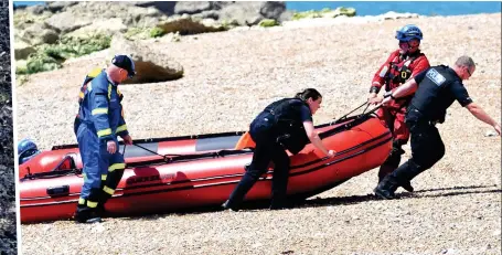  ?? Pictures: STEVE FINN ?? Terrifying transport: Left, a walker inspects a flimsy dinghy at Kent’s Kingsdown beach while, above, police officers and Coastguard members retrieve another boat