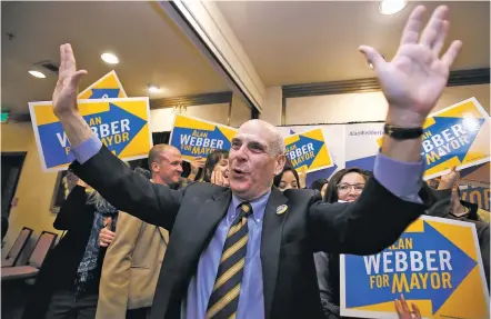  ?? LUIS SÁNCHEZ SATURNO/THE NEW MEXICAN ?? Alan Webber celebrates his victory Tuesday during his election night party at Hotel Santa Fe.