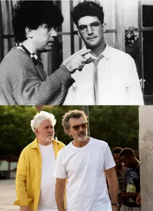  ??  ?? Top: director Pedro Almodóvar with Banderas on the set of Women on the Verge of a Nervous Breakdown, Madrid, 1988.
Above: the pair together in Spain shooting Pain and Glory in summer 2018