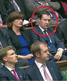  ??  ?? Grim-faced: George Osborne, circled, with Nicky Morgan yesterday