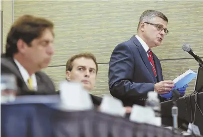  ?? STAFF PHOTO BY NICOLAUS CZARNECKI ?? ‘SLOW-GO APPROACH’: Jeffrey Gerard of Greylock Federal Credit Union speaks during a panel discussion on the financial services for the marijuana industry during the National Conference for State Legislatur­es summit at the Boston Convention & Exhibition...