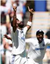  ?? ?? Jasprit Bumrah takes the wicket of Keshav Maharaj