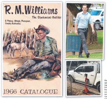  ??  ?? FAR LEFT: A cover that appeared on one of the old R.M. Williams magazines and (left) Matt Canavan sporting more modern attire during a recent media call.
Below: The car damaged by one of the new e-scooters.