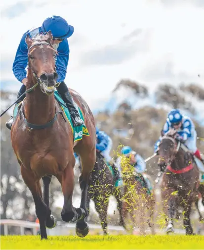  ??  ?? EAT MY DUST: More Sundays (Jordan Childs) wins at Geelong yesterday. Picture: REG RYAN/GETTY IMAGES