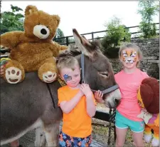  ??  ?? Emma and Kieran Cotter, Monagea, with their teddy and one of the natives at the donkey sanctuary in Liscarroll.