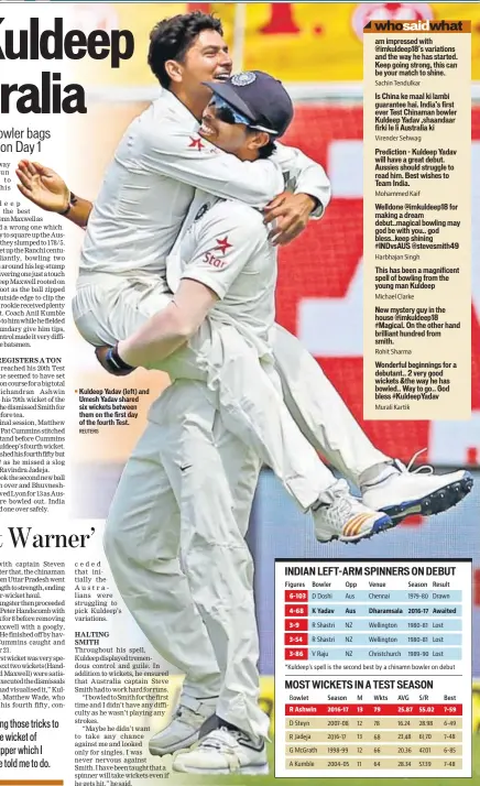  ?? REUTERS ?? Kuldeep Yadav (left) and Umesh Yadav shared six wickets between them on the first day of the fourth Test.