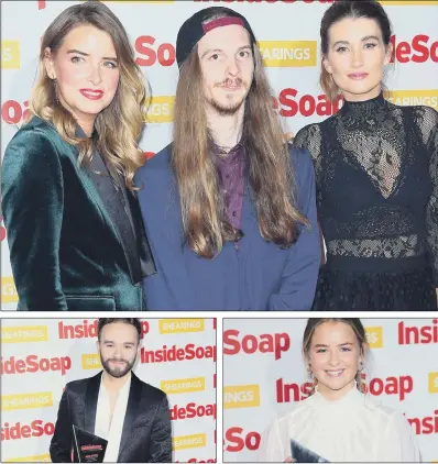  ?? PICTURES: PA WIRE. ?? STAR TURN: Top, Emmerdale stars Emma Atkins, James Moore and Charley Webb at the ceremony; above, from left, Jack P Shepherd with his award for best actor; Isobel Steele with her award for best young actor; inset, below, Connor McIntyre with his awards.