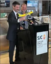  ?? GEORGE AVALOS — STAFF ?? San Jose Mayor Matt Mahan holds a model of a Spirit Airlines jetliner during an event at the San Jose Internatio­nal Airport on Feb. 16.