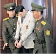  ??  ?? Otto Warmbier in the Supreme Court in Pyongyang last year and, above, unconsciou­s as he arrives in Ohio