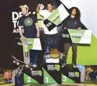  ??  ?? Winners of the Dew Tour AM Series: Renzo Feliciano, 1st place; Demetrio Cuevas, 2nd; and Al Rasheed Rasheed, 3rd