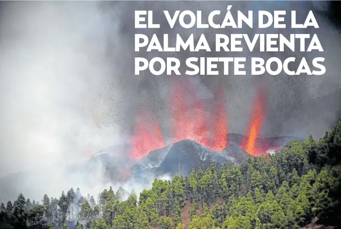  ?? Foto: Efe ?? La lava está saliendo expulsada a lo largo de una fisura alargada con esos siete cavidades en lugar de la tradiciona­l imagen de un volcán con una gran crater en la cumbre.