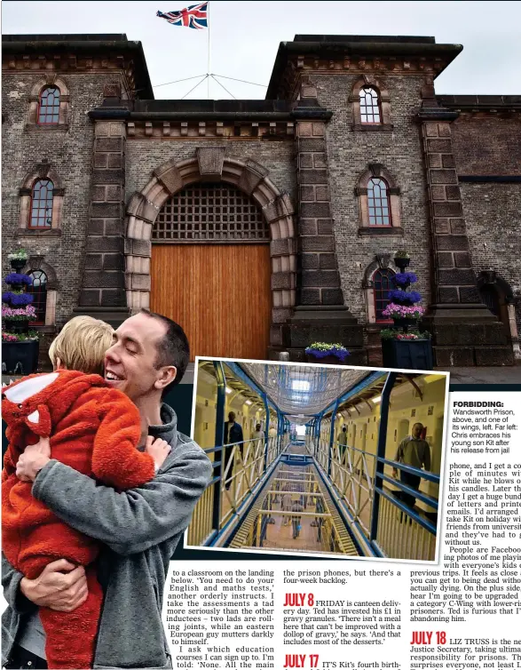  ??  ?? forbidding: Wandsworth Prison, above, and one of its wings, left. Far left: Chris embraces his young son Kit after his release from jail