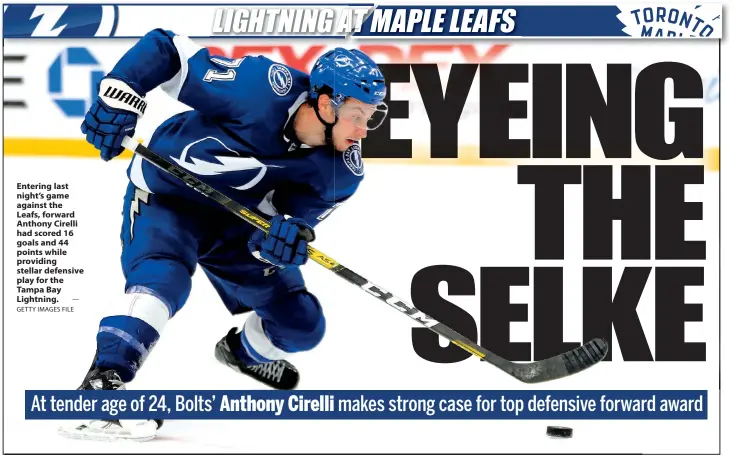  ?? — GETTY IMAGES FILE ?? Entering last night’s game against the Leafs, forward Anthony Cirelli had scored 16 goals and 44 points while providing stellar defensive play for the Tampa Bay Lightning.
