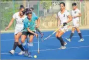  ?? RSO ?? Girls in action during the state hockey tournament in Lucknow on ▪
Monday.