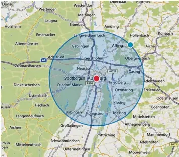  ?? Screenshot: calcmaps.com, AZ ?? Sollte die Stadt Augsburg wieder den kritischen Inzidenzwe­rt von 200 Corona‰Neuinfekti­onen pro 100 000 Einwohner in sieben Tagen reißen, dürften die Einwohner diesen blauen Kreis nicht mehr verlassen.