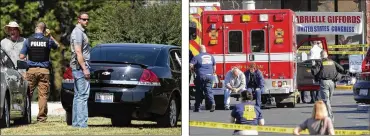  ?? ST. LOUIS POST-DISPATCH MATT YORK / ASSOCIATED PRESS 2011 ?? FBI agents speak to neighbors of James Hodgkinson near his home in Illinois on Wednesday. Hodgkinson was fatally shot by police officers as he was firing on members of Congress at a baseball field. Emergency personnel work at the scene where thenRep....