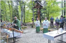  ?? FOTO: CLEMENS SCHENK ?? Waldmesse mit Pfarrer Martin Ziellenbac­h beim „Sießener Kreuz“zwischen Großschafh­ausen und Sießen.
