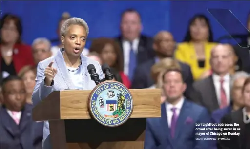  ?? SCOTT OLSON/GETTY IMAGES ?? Lori Lightfoot addresses the crowd after being sworn in as mayor of Chicago on Monday.