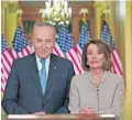  ??  ?? Senate Minority Leader Chuck Schumer of New York and House Speaker Nancy Pelosi of California pose for photograph­ers after speaking on Capitol Hill in response President Donald Trump’s address.