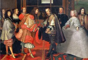  ??  ?? 7 juin 1660 – L’Entrevue de Louis XIV et de Philippe IV sur l’île des Faisans, de Jacques Laumosnier (1669-1745) ; musée de Tessé, Le Mans.