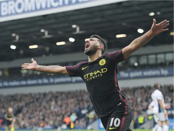  ?? — GETTY IMAGES FILES ?? Manchester City’s Sergio Aguero gave a reminder of his finishing ability with two noteworthy goals in a 4-0 win over West Bromwich Albion in the Premier League Saturday after sitting out against Barcelona in the last round of Champions League matches.