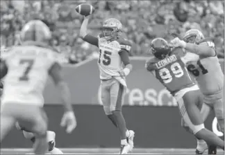  ?? CANADIAN PRESS FILE PHOTO ?? Winnipeg Blue Bombers quarterbac­k Matt Nichols throws the ball at the brand-new Mosaic Stadium against the Saskatchew­an Roughrider­s in Regina on Saturday. He is set to face Calgary on Friday night.